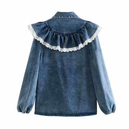 Ruffled Single-breasted Denim Lace Cardigan Shirts Blouses