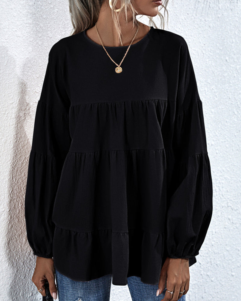 Round Neck Lantern Elastic Bubble Sleeve Blouses