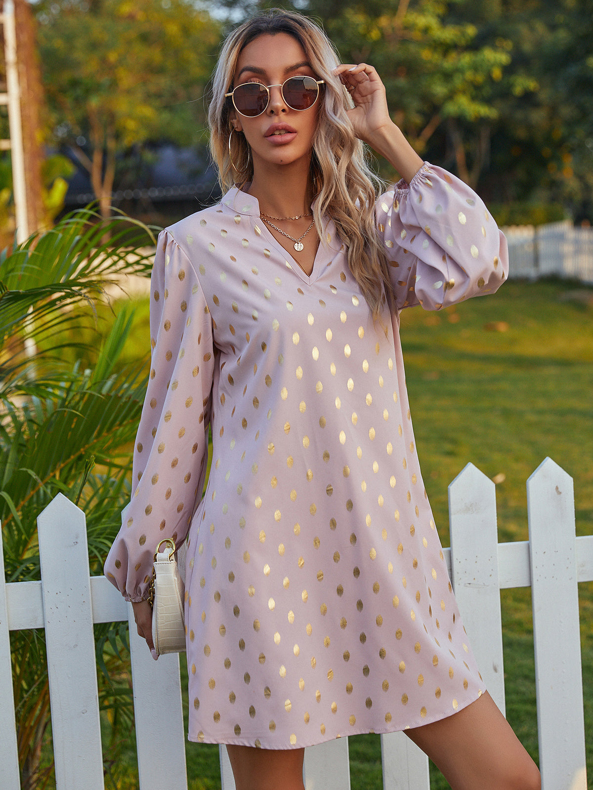 V-neck Polka Dot Ruffled Floral Mini Dresses