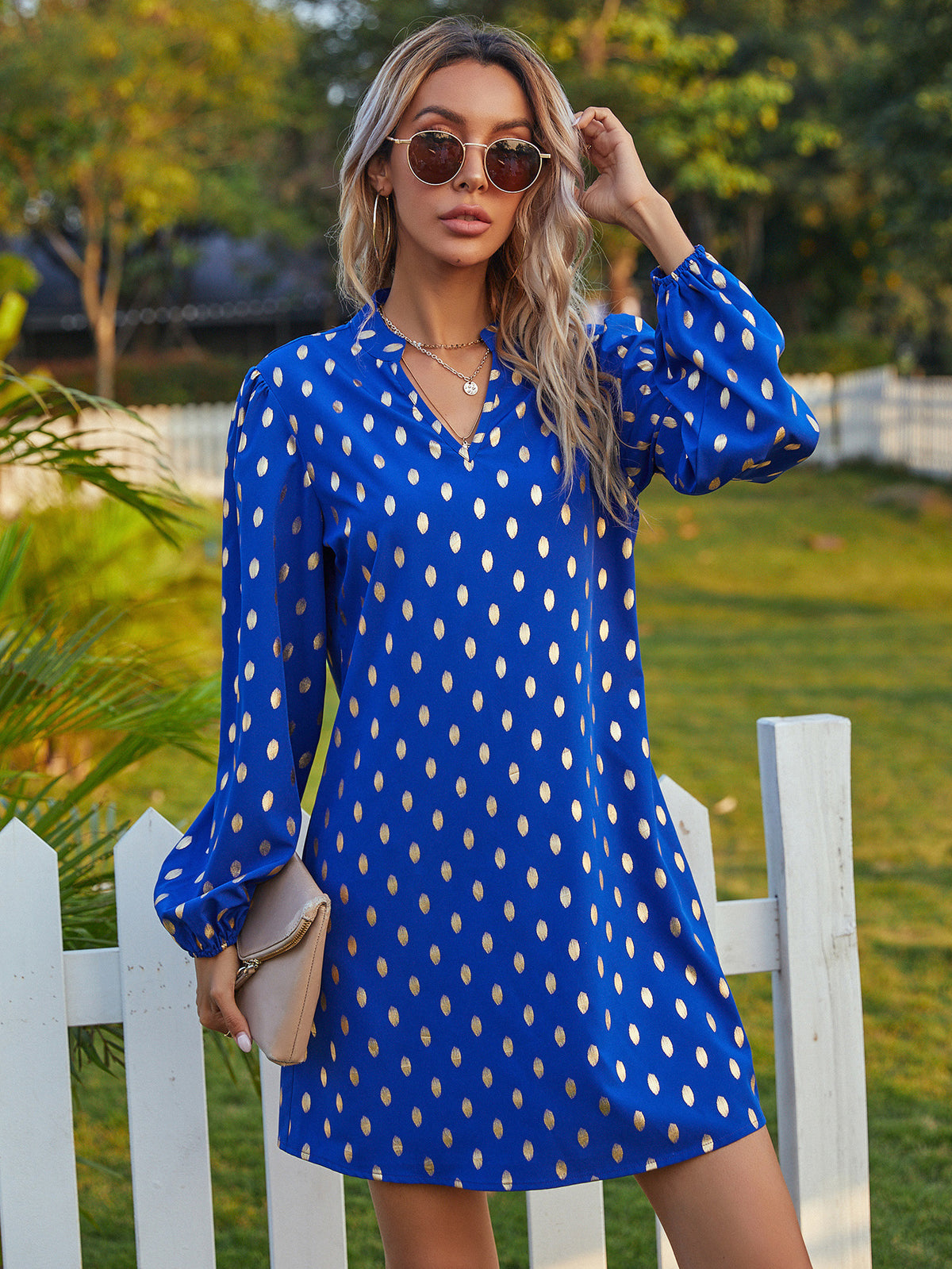 V-neck Polka Dot Ruffled Floral Mini Dresses