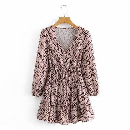 V-neck Lace-up Shirred Frill Polka Dot Floral Mini Dresses