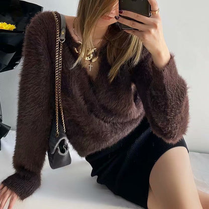 V-ncek Knit Furry Shirts Sweaters Blouses