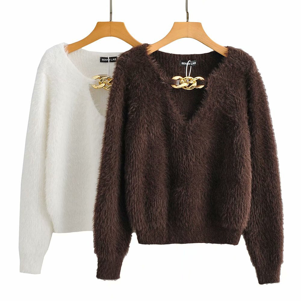 V-ncek Knit Furry Shirts Sweaters Blouses