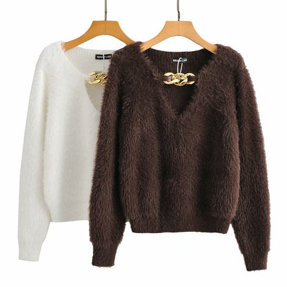 V-ncek Knit Furry Shirts Sweaters Blouses