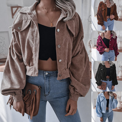 Corduroy Lantern Sleeve Single-breasted Lapel Cardigans Outerwear