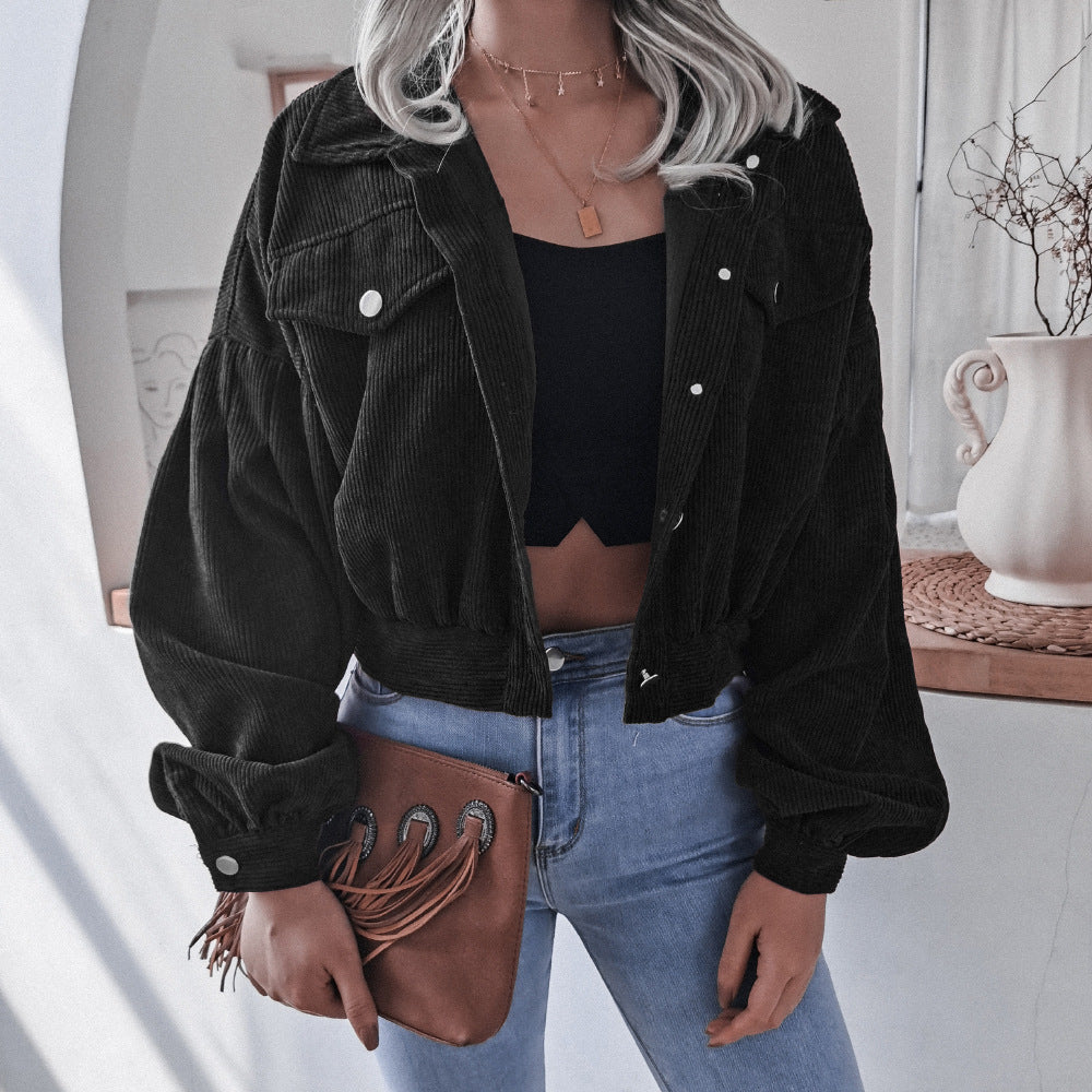 Corduroy Lantern Sleeve Single-breasted Lapel Cardigans Outerwear