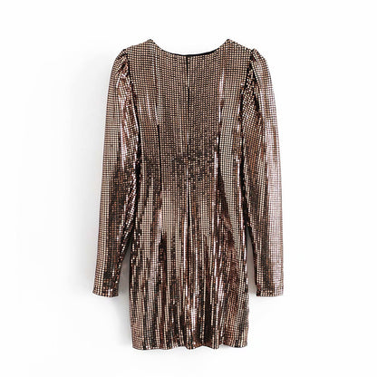V-neck Sequins Shirred Frill Party Bodycon Mini Dresses