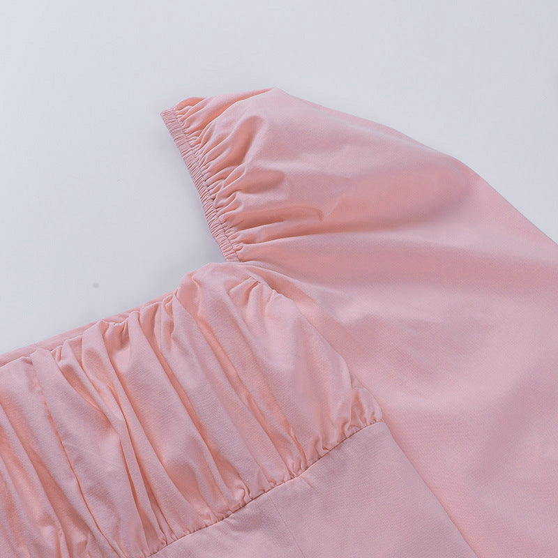 Square Collar Puff Sleeve Shirred Frill Shirts Crop Tops