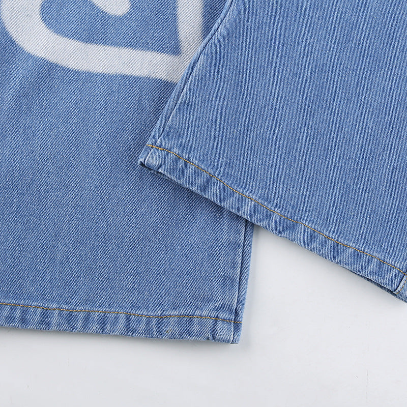 Single-breasted Pocket Denim Heart Shape Printed Jeans Pants