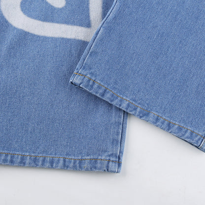 Single-breasted Pocket Denim Heart Shape Printed Jeans Pants