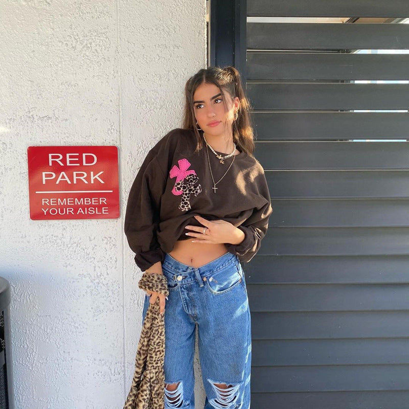 Round Neck Floral Printed Shirts Blouses Sweatshirts