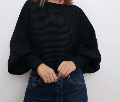 Lantern Sleeve Round Neck Knit Sweaters Shirts