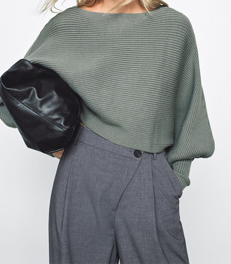 Lantern Sleeve Round Neck Knit Sweaters Shirts