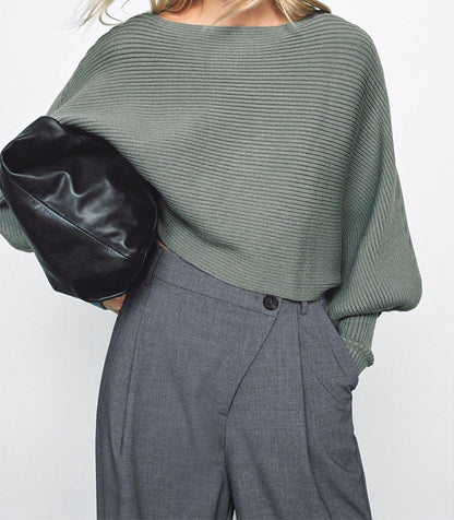 Lantern Sleeve Round Neck Knit Sweaters Shirts