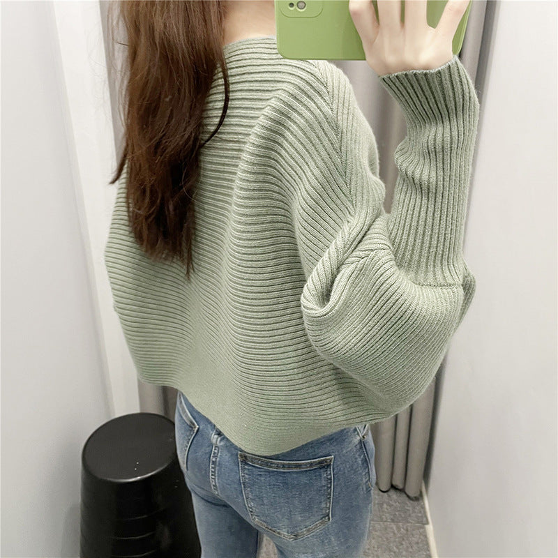 Lantern Sleeve Round Neck Knit Sweaters Shirts