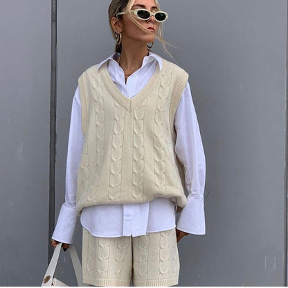 Knit V-neck Vest Sweaters Pants Two-piece Set
