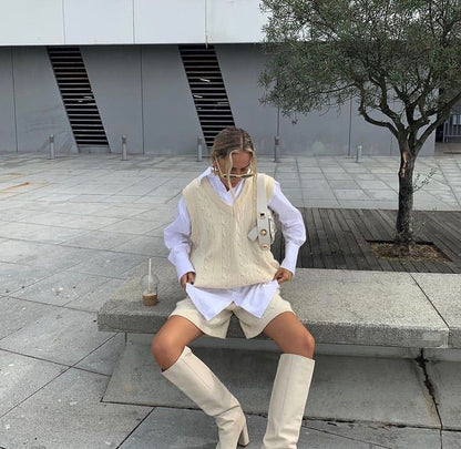 Knit V-neck Vest Sweaters Pants Two-piece Set