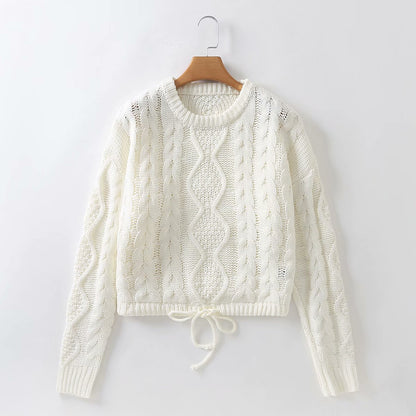 Knit Round Neck Lace-up Vintage Sweaters Crop Tops