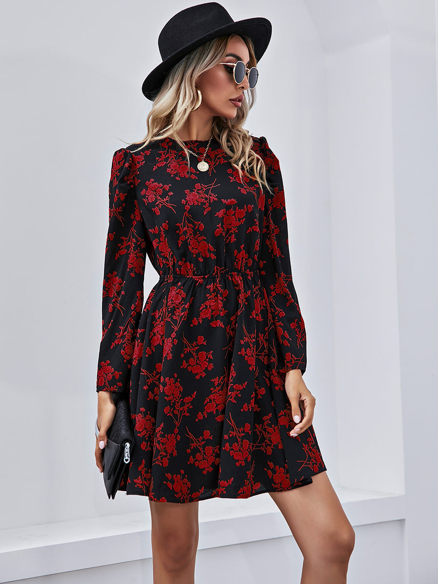 Round Neck Floral High-collared Skater Mini Dresses