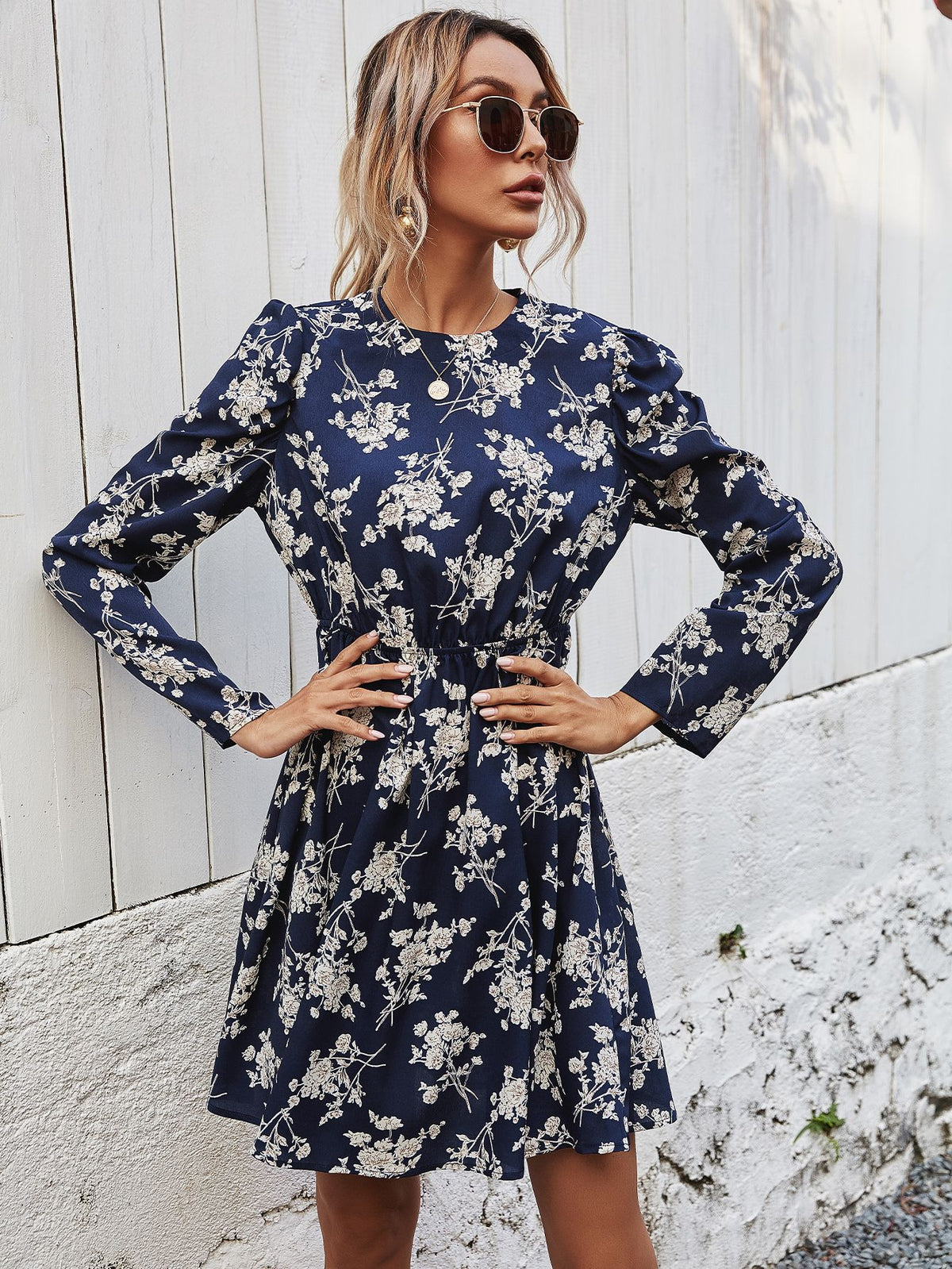 Round Neck Floral High-collared Skater Mini Dresses