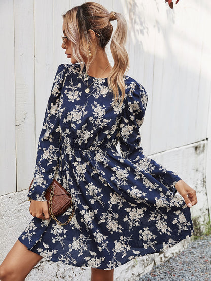 Round Neck Floral High-collared Skater Mini Dresses