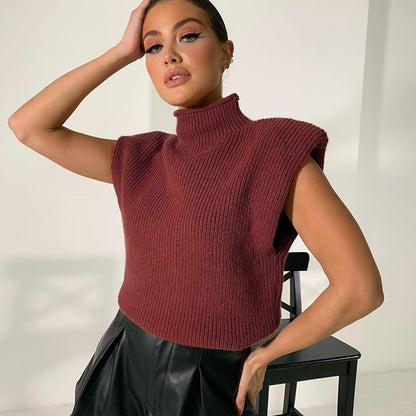Sleeveless High-collared Shoulder Padded Pads Sweaters