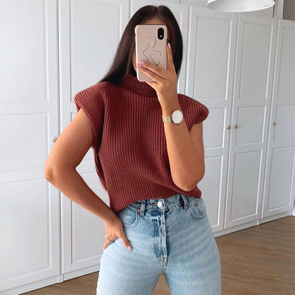 Sleeveless High-collared Shoulder Padded Pads Sweaters