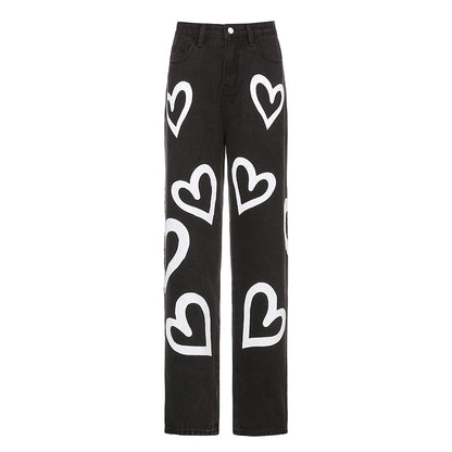 Single-breasted Pocket Denim Heart Shape Printed Jeans Pants