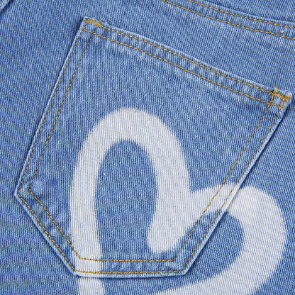 Single-breasted Pocket Denim Heart Shape Printed Jeans Pants