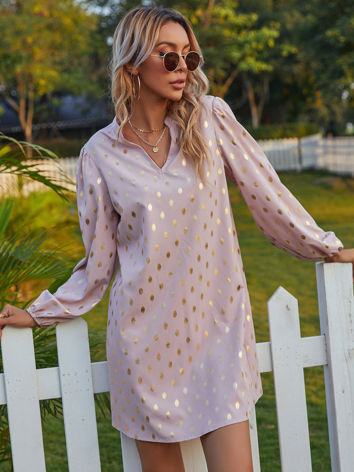 V-neck Polka Dot Ruffled Floral Mini Dresses