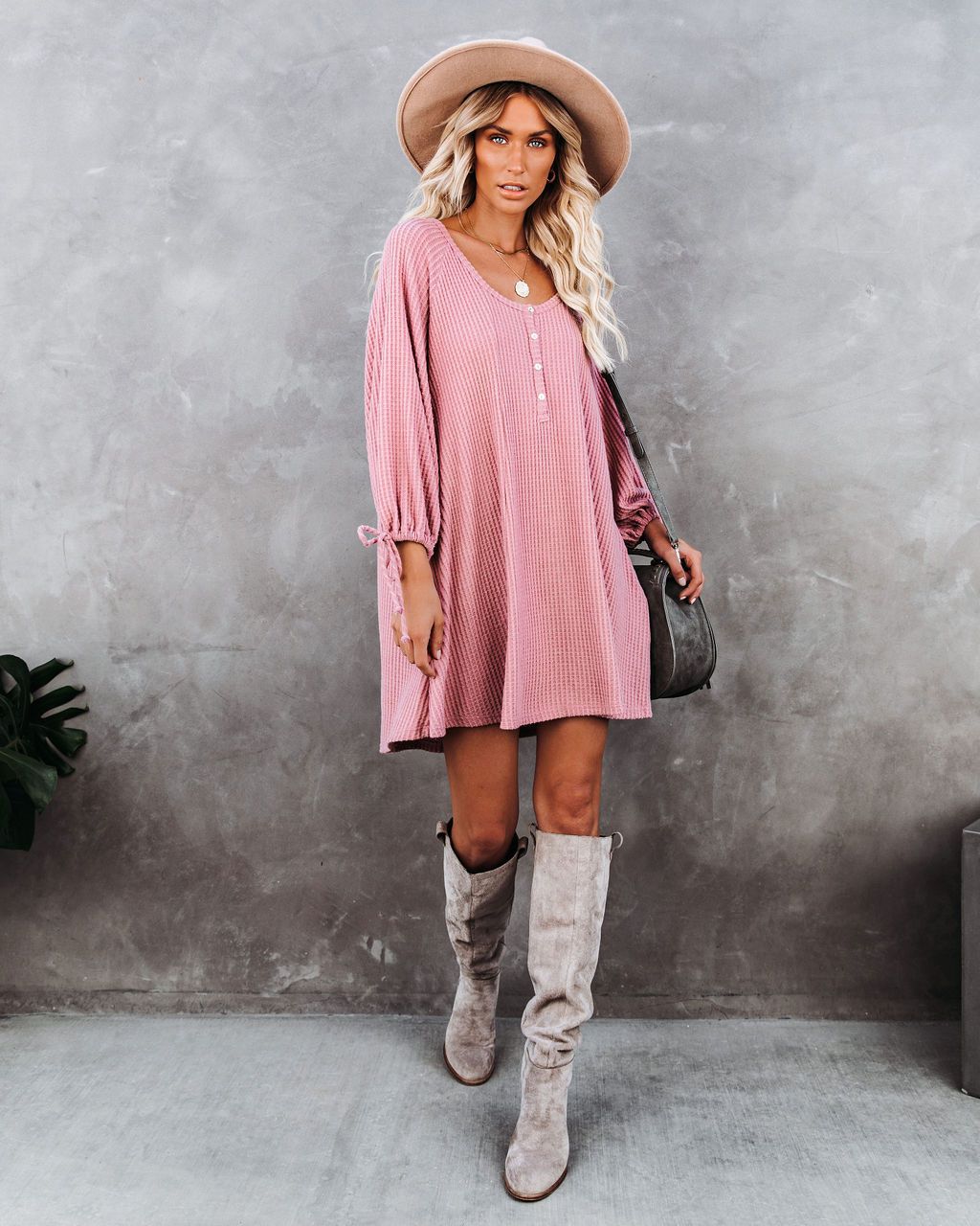 Knit Round Neck Ruffled Lace-up Mini Dresses