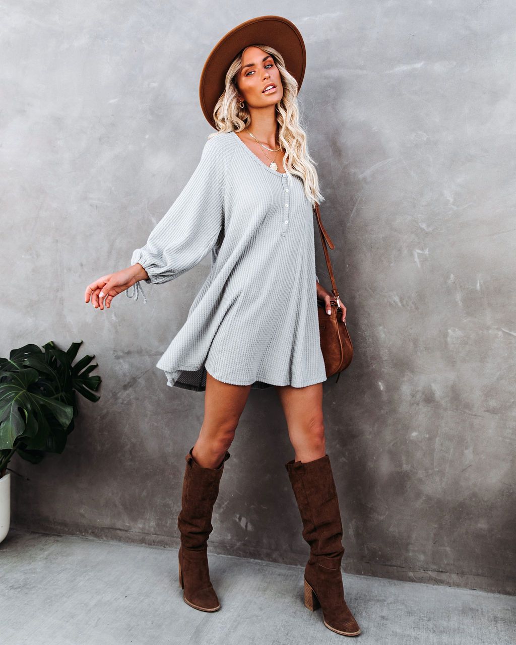 Knit Round Neck Ruffled Lace-up Mini Dresses