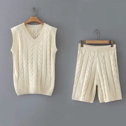 Knit V-neck Vest Sweaters Pants Two-piece Set