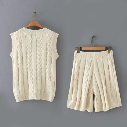 Knit V-neck Vest Sweaters Pants Two-piece Set