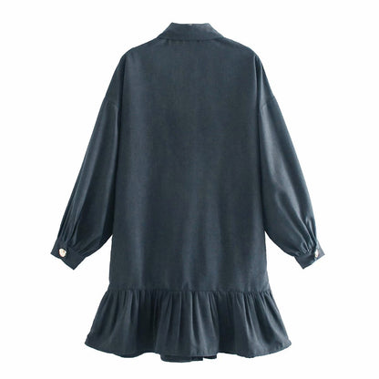 Ruffled Single-breasted Pile Collar Bubble Sleeve Mini Dresses