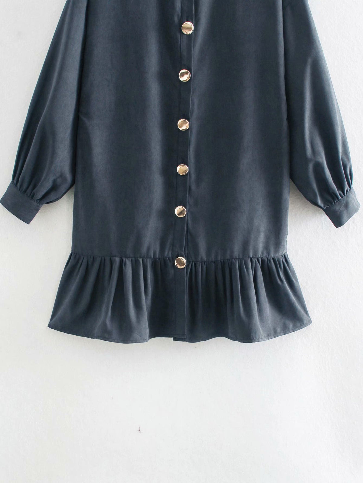 Ruffled Single-breasted Pile Collar Bubble Sleeve Mini Dresses