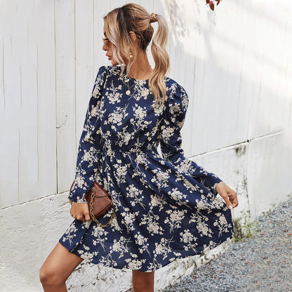 Round Neck Floral High-collared Skater Mini Dresses