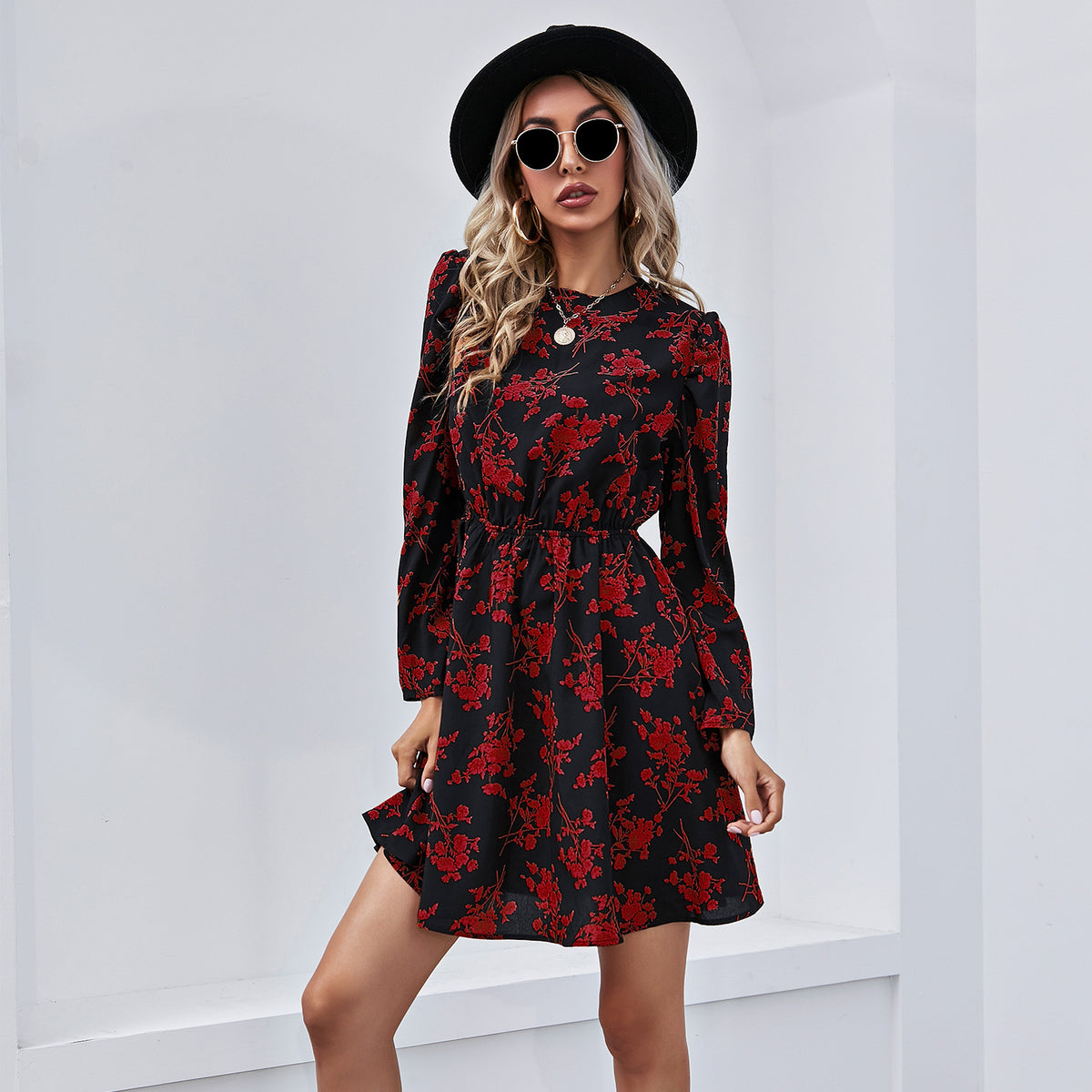 Round Neck Floral High-collared Skater Mini Dresses