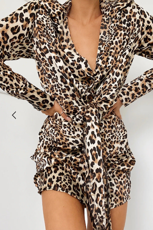 Lace-up Leopard Lapel Floral Mini Dresses