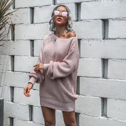 One Shoulder Lantern Sleeve Knit Sweater Mini Dresses