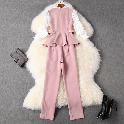 Ruffled Hem Blazers Splicing Chiffon Sleeve and Pants Two-piece Set