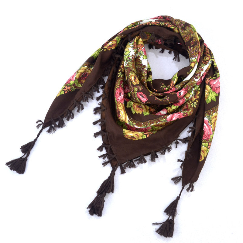 Ethnic Flower Print Square Scarf Shawl Fringed Scarves for Women Ladies Girls
