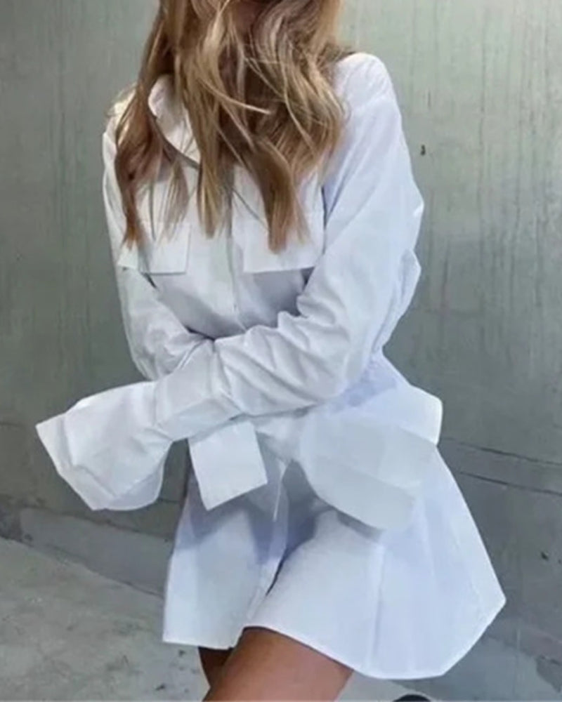 Pile Collar Single-breasted Shirred Frill Shirts Mini Dresses