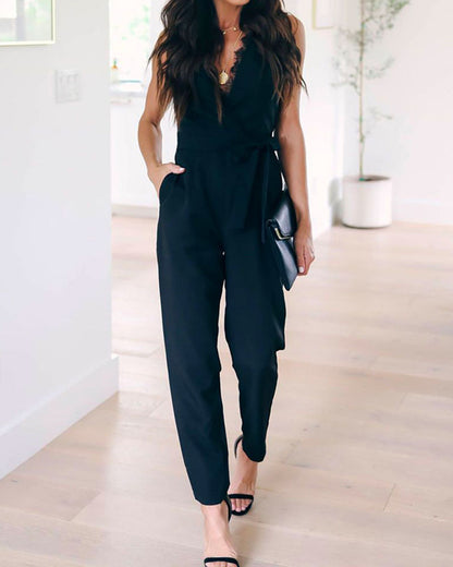 Black Sexy Deep V-neck Lace Pocket Straps Jumpsuit