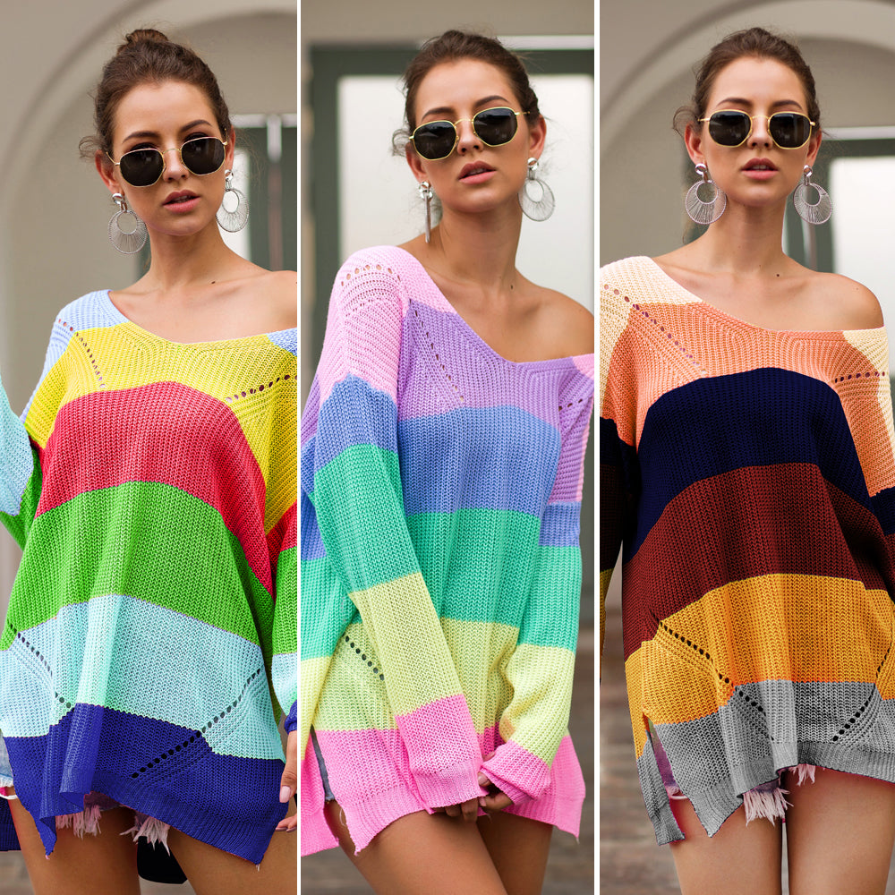 Women‘s Loose V-neck Rainbow Stripes Long Sweater