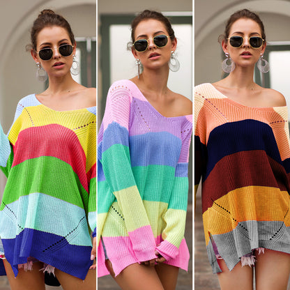 Women‘s Loose V-neck Rainbow Stripes Long Sweater