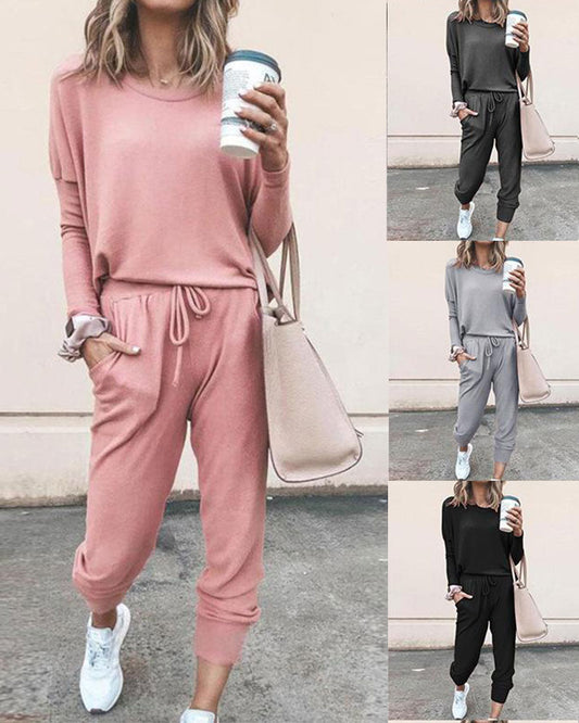 Round Collar Lace-up Long Sleeve Casual Two-piece Sport Set Home Workout Fitness Home Outfit