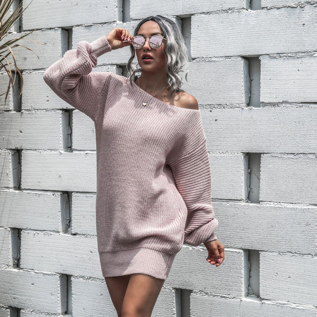 One Shoulder Lantern Sleeve Knit Sweater Mini Dresses