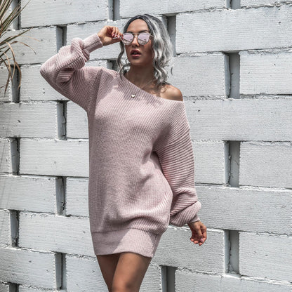 One Shoulder Lantern Sleeve Knit Sweater Mini Dresses