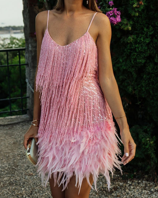 Backless Tassel Feather Sequins Party Mini Dresses